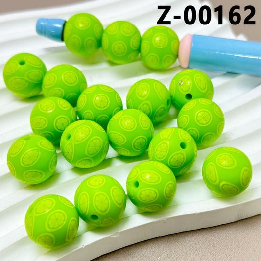 Lemon Slice Green Round Printed Silicone Beads 15mm, Number Z-00162