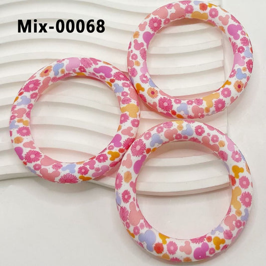 Colorful Micki Mouse Head Bellis Perennis Flower White Silicone Ring Frame Bead Circle Round Soft Car Hanger Charm Loop 65mm