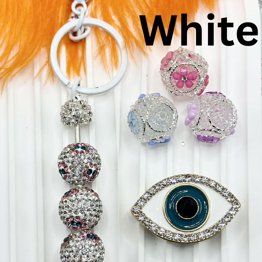 DIY Beadable Metal Keychains with Bar with White Pearls Colorful Rhinestones, Around 145MM for the total length