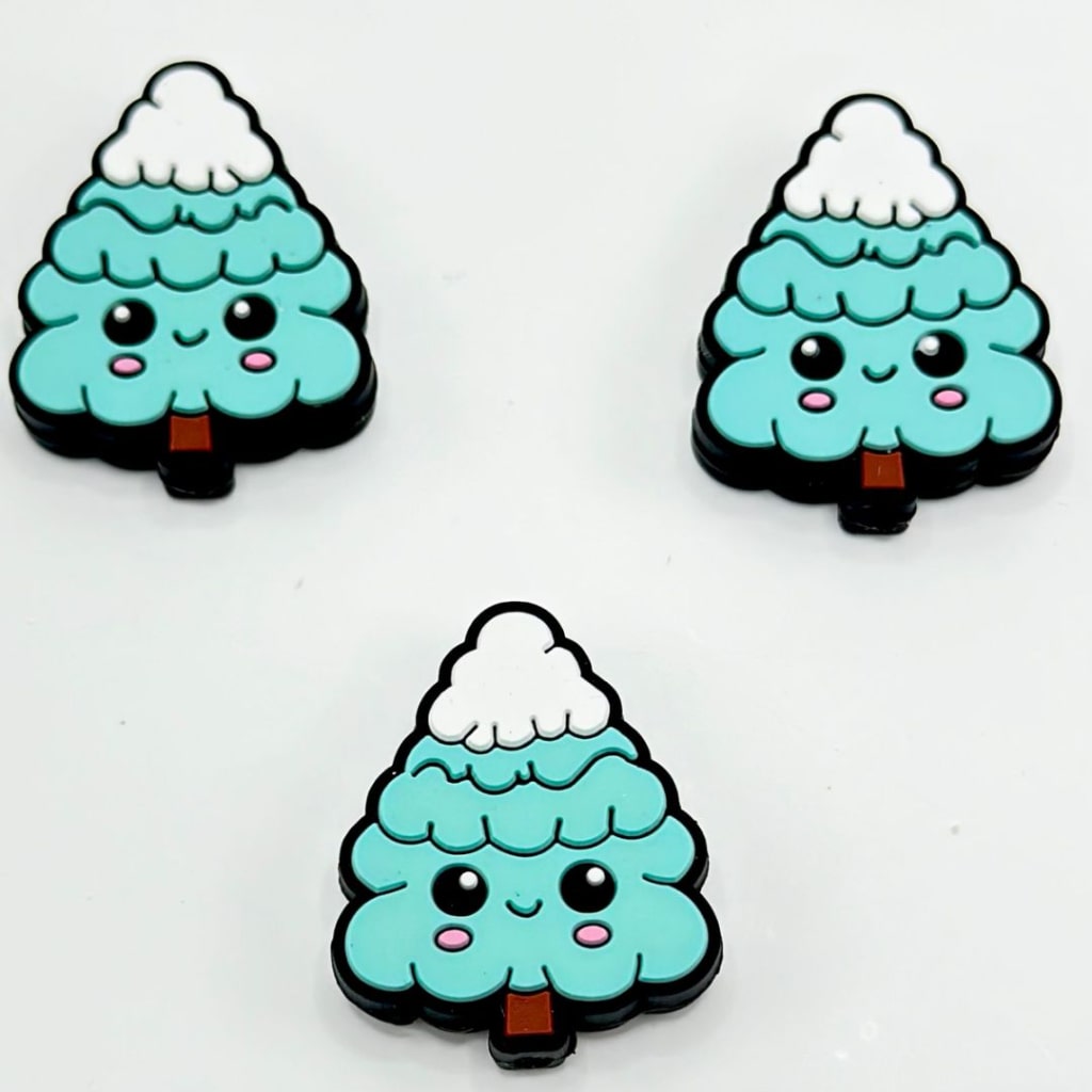 Cute Smile Face Teal Pine Tree with White Snow Silicone Focal Beads