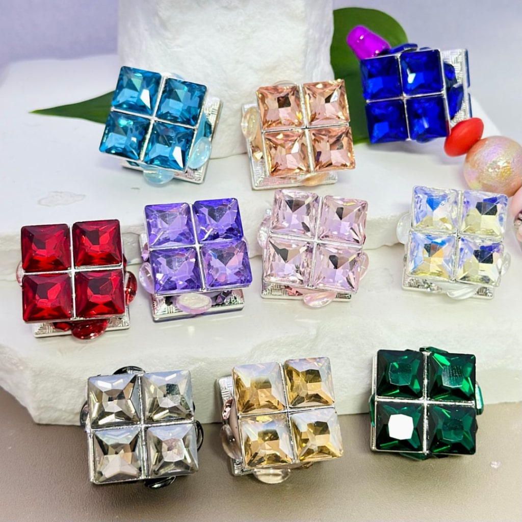 Bling Bling Fancy Silver Alloy Four Squares with Colorful Rhinestones Oval Pearls Clay Beads, Around 21*21MM