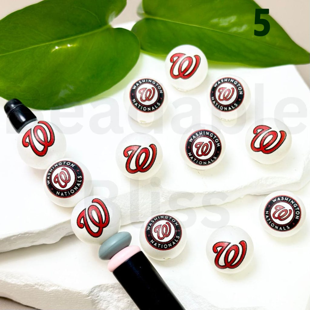 USA America Baseball Team Washington Nationa Sports Frosted Matt White Round Acrylic Beads, 16MM, Random Mix