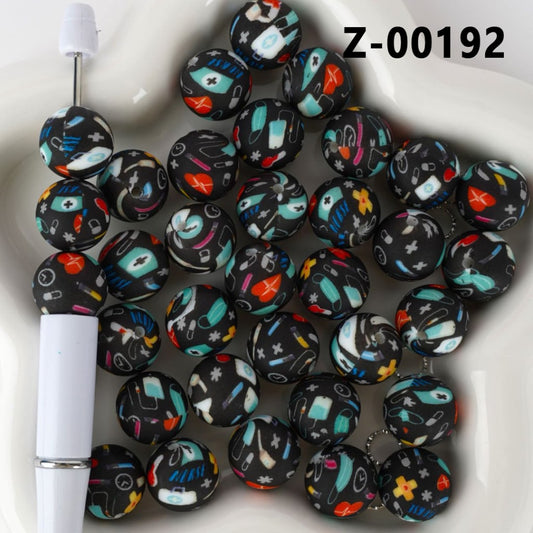 Nurse Series Black Round Printed Silicone Beads 15MM, Number Z-00192