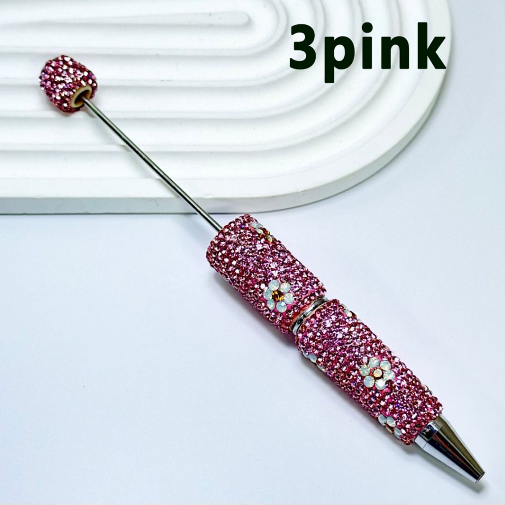 Beadable Clay Pens with White & Gold Flowers Colorful Shiny Rhinestones Covered the Entire Pen