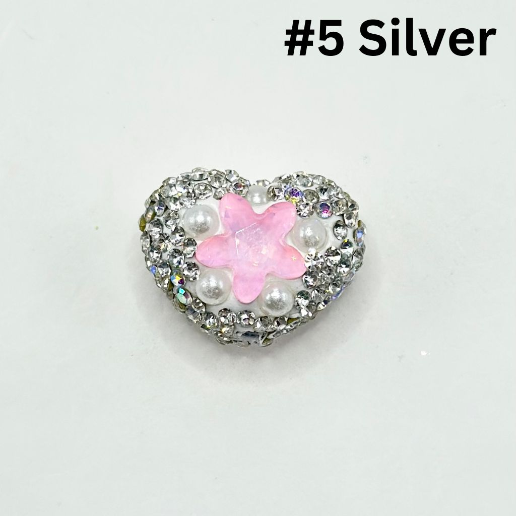 Heart Shape Clay Beads with Star Rhinestones and Small White Pearls, 25MM by 19MM