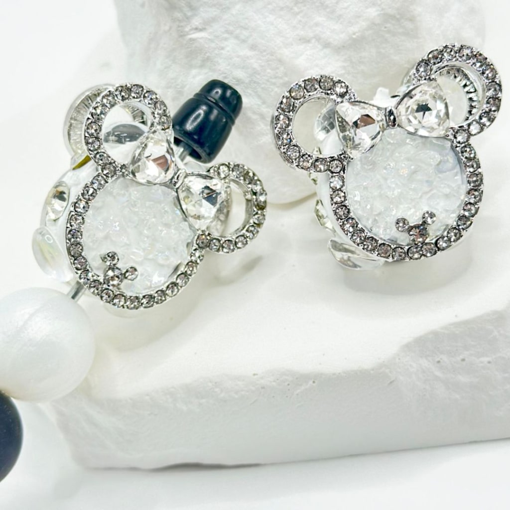 Bling Bling Silver Alloy Micki Mouse Head with Clear Bowknot Rhinestone Oval Pearls Little Stones, 30*27MM