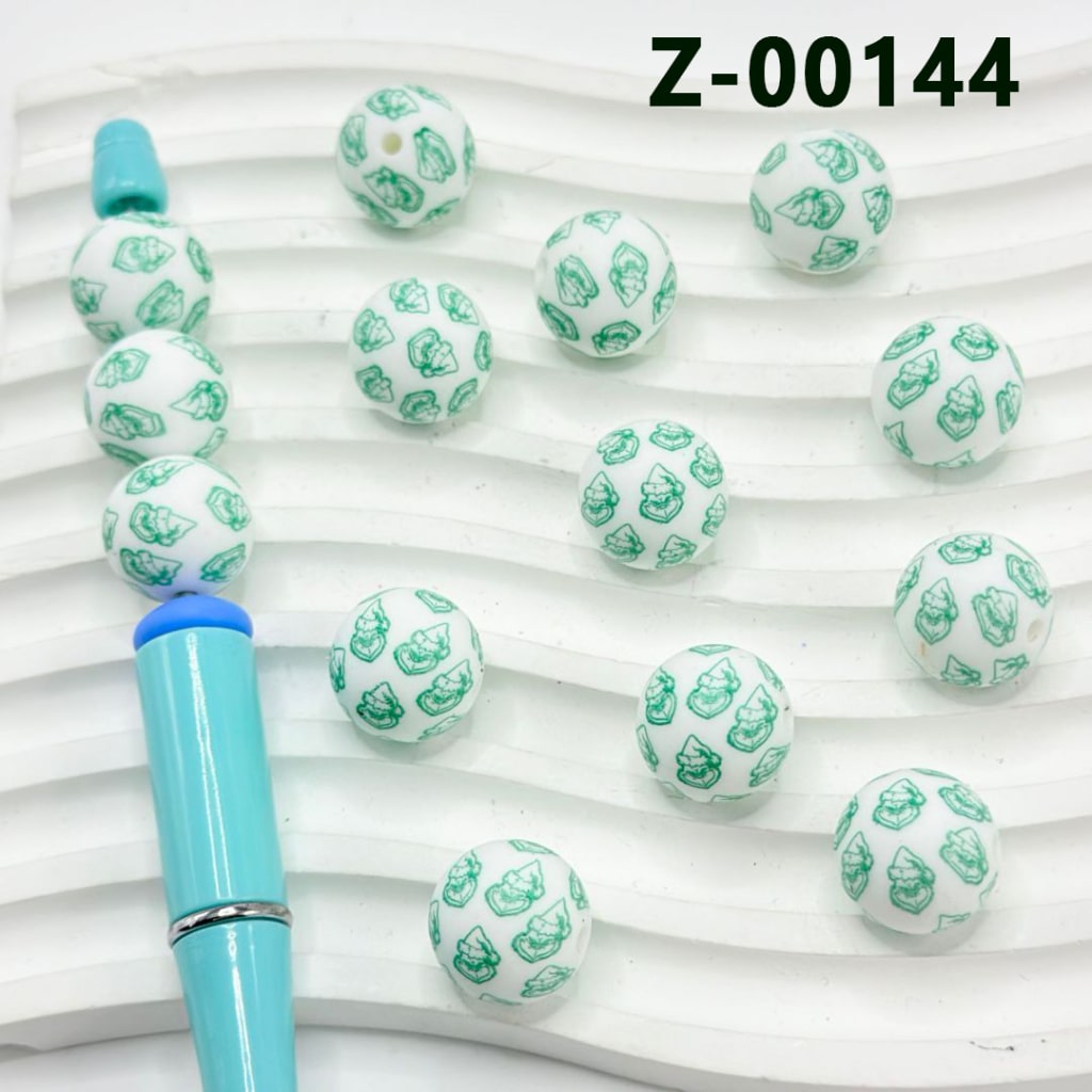 Green Grinc in a Christmas Hat White Round Printed Silicone Beads 15mm, Number Z-00144