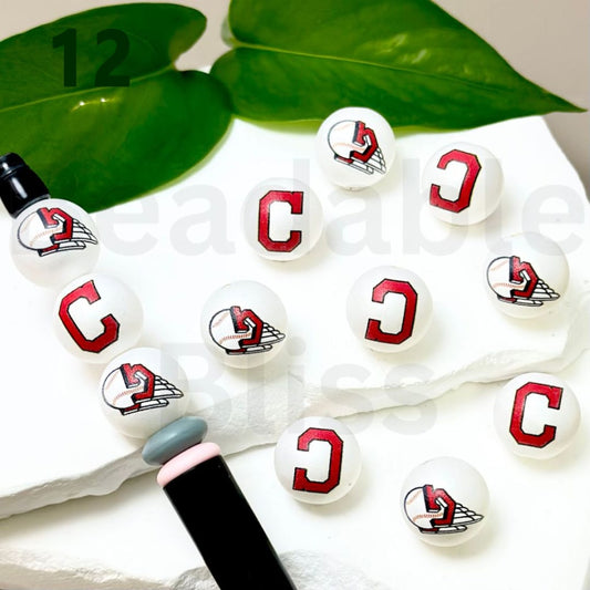 USA America Baseball Team Cleveland India Sports Frosted Matt White Round Acrylic Beads, 16MM, Random Mix