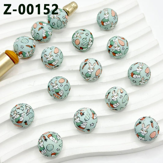 Cute Bunny Rabbit Carrot Star Egg Easter  Round Printed Silicone Beads 15mm, Number Z-00152