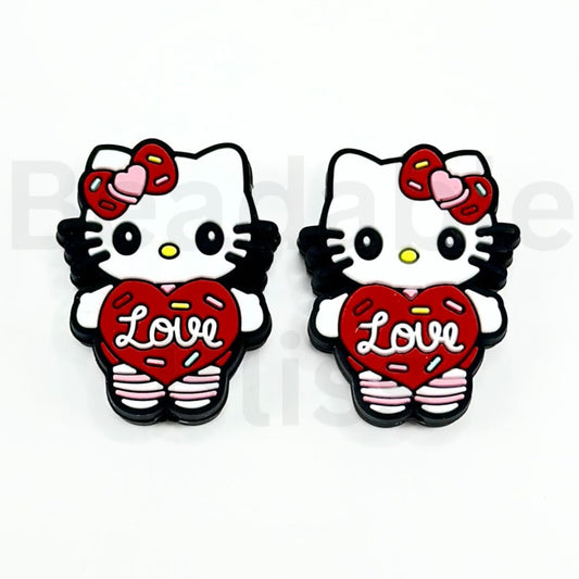 Vivid Cute HK Kitten Sanri Holds a Big Red Heart Love Valentines Silicone Focal Beads