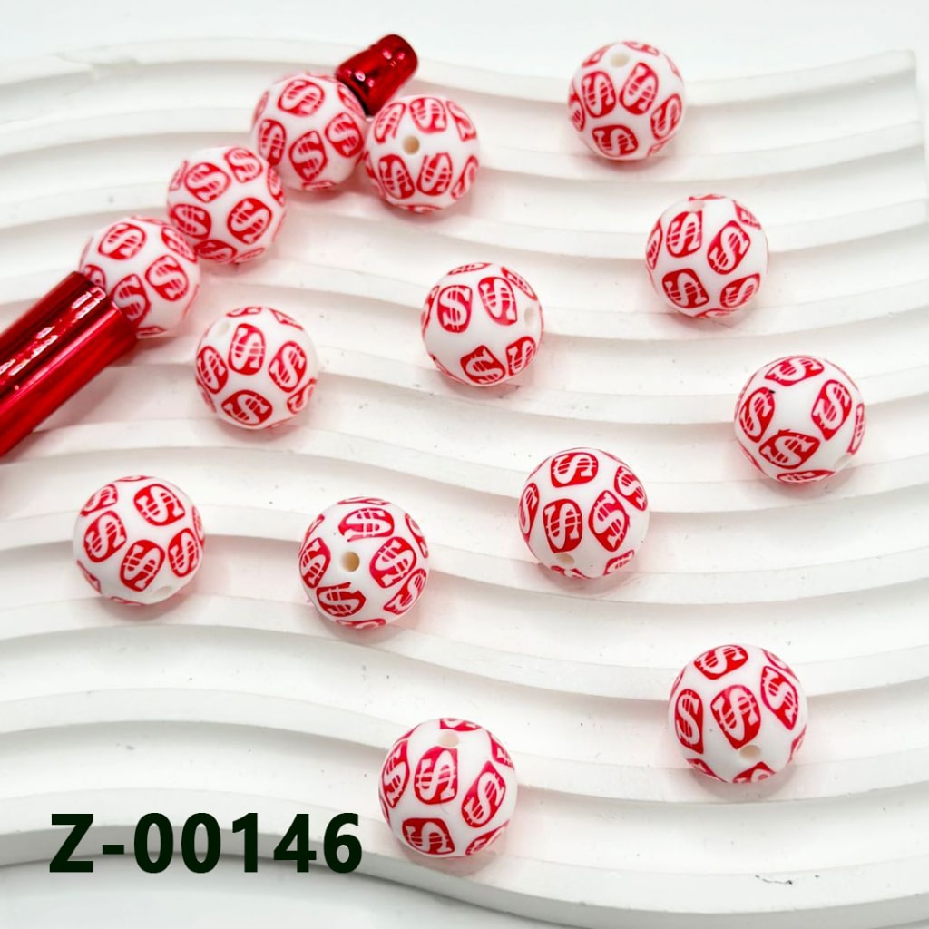 Red US Dollar Sign White Round Printed Silicone Beads 15mm, Number Z-00146