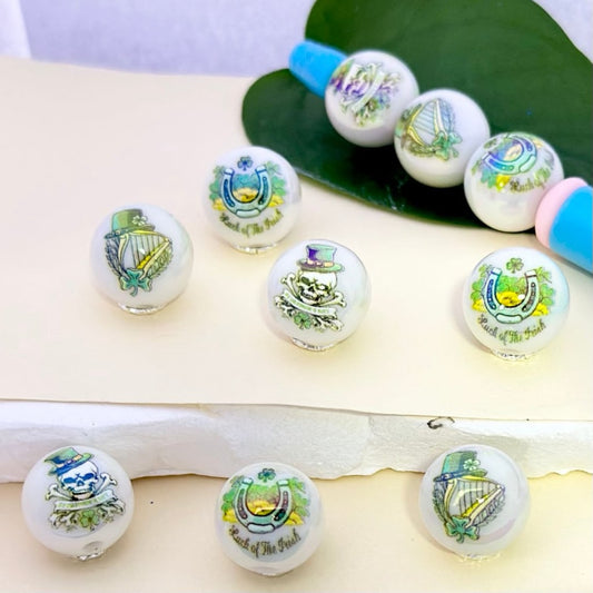 UV Finish The Luck of the Iris Saint Patrick's Day White Round Acrylic Beads, 16MM, Random Mix