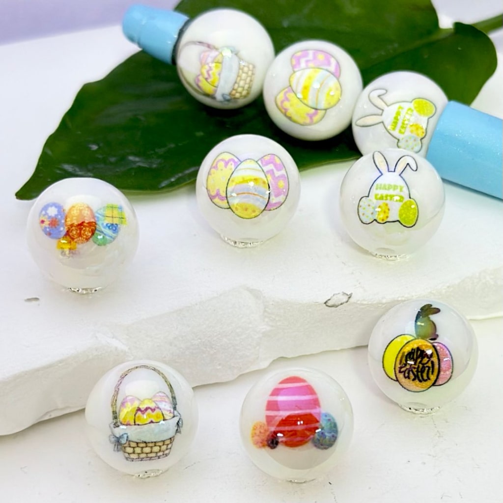 UV Finish Colorful Eggs Happy Easter White Round Acrylic Beads, 16MM