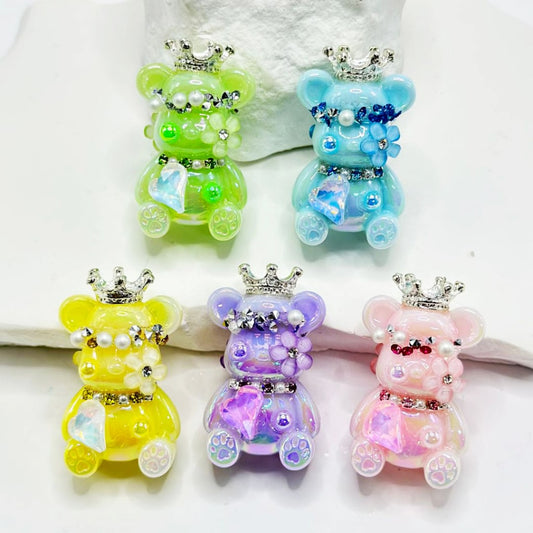 Bling Bling Cute Bear Acrylic Beads with Silver Alloy Crown White Pearls Small Flower Shiny Rhinestones Heart Diamond, Around 38*22MM