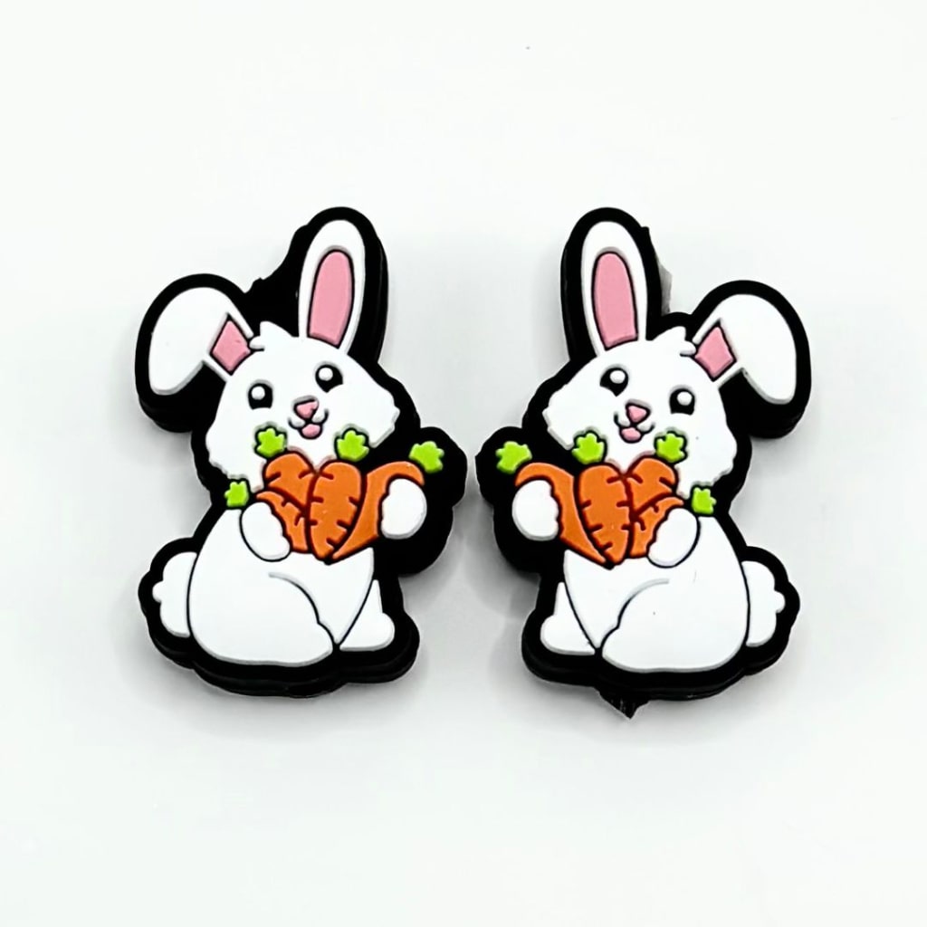 Little Cute White Bunny Rabbit Holds Carrots Silicone Focal Beads