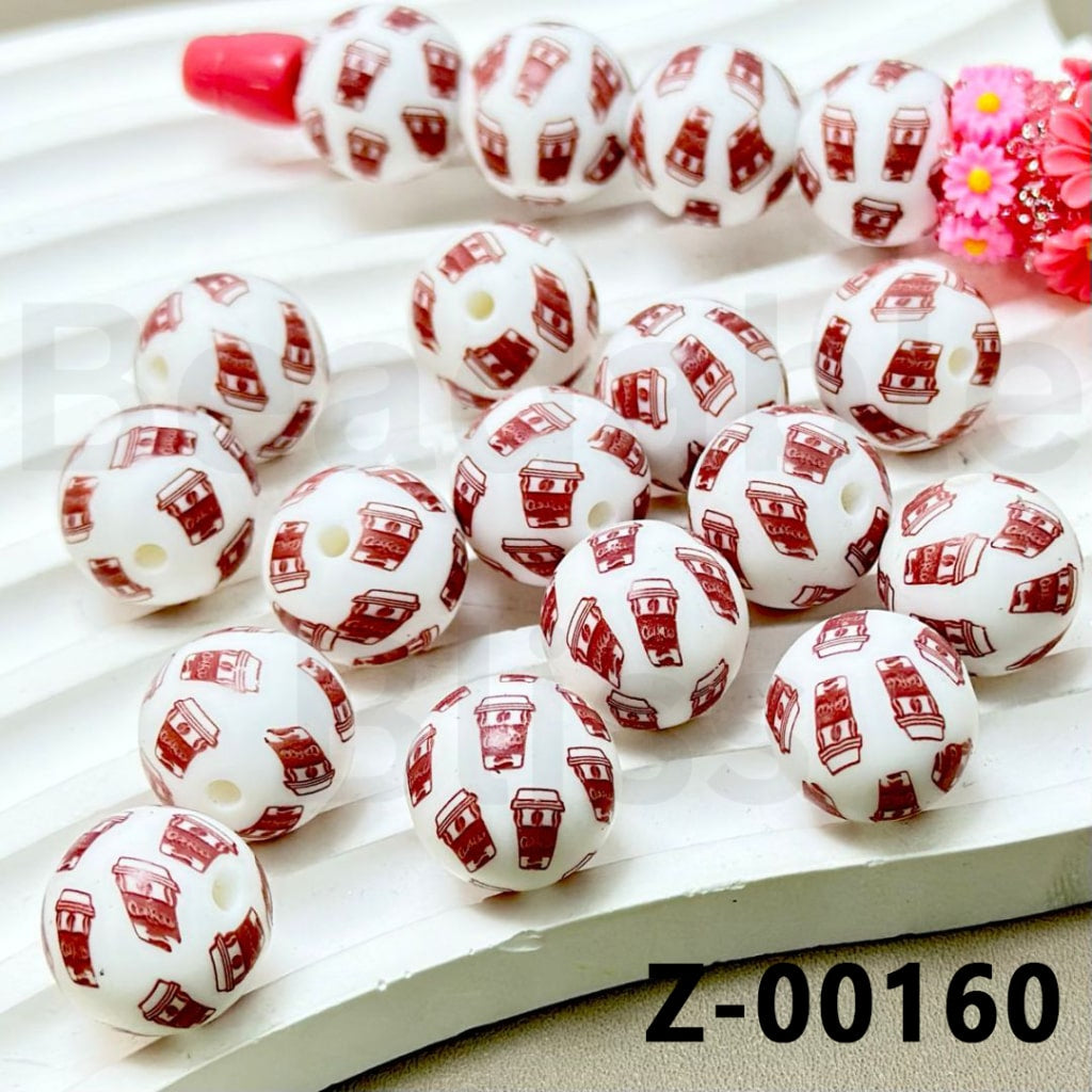 Red Coffee Cup White Round Printed Silicone Beads 15mm, Number Z-00160