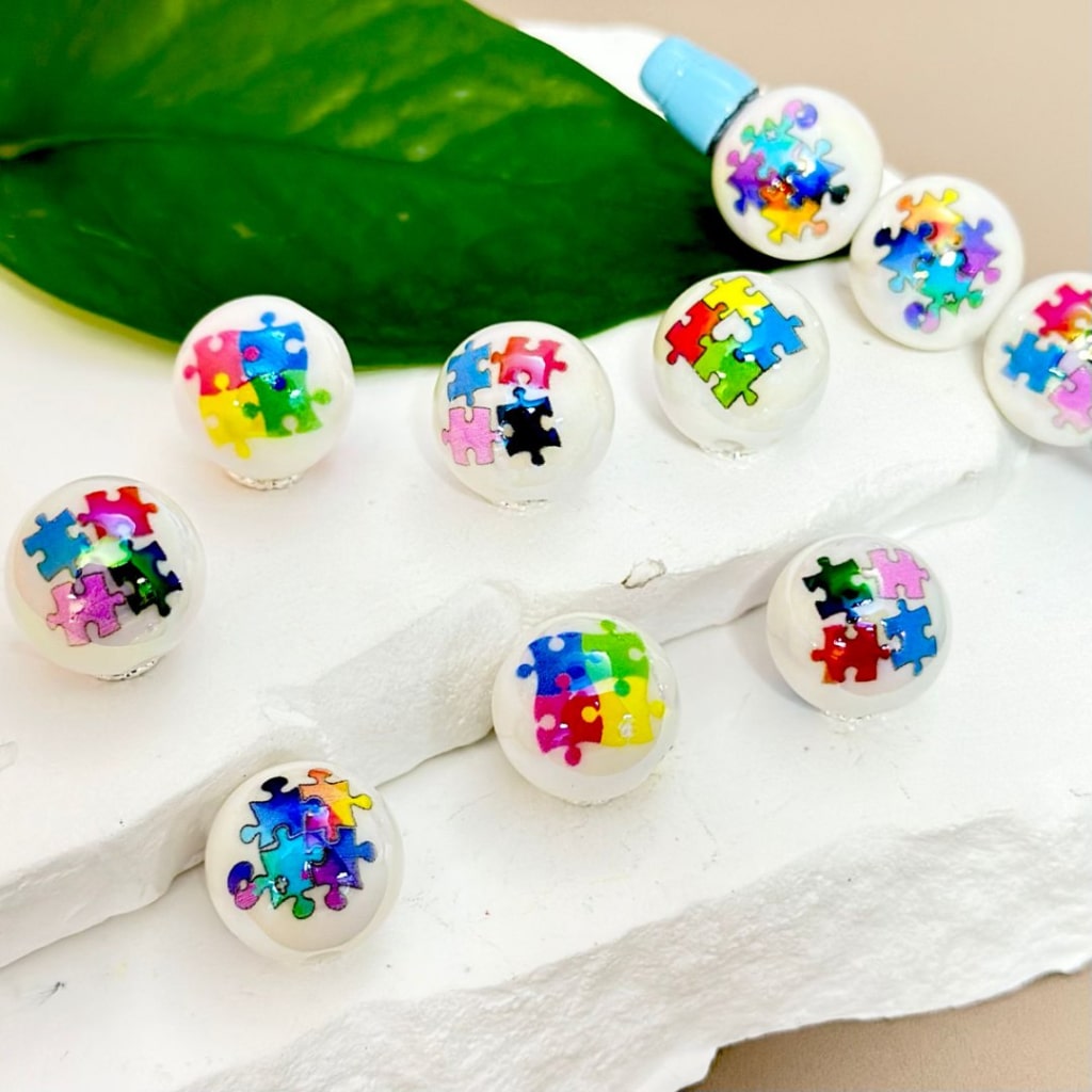 UV Finish Autism Colorful Puzzle Glossy White Round Acrylic Beads, 16MM