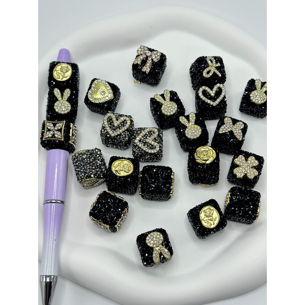 Black Sugar Beads, Cube,  Metal Charm, Random Mix 16 mm