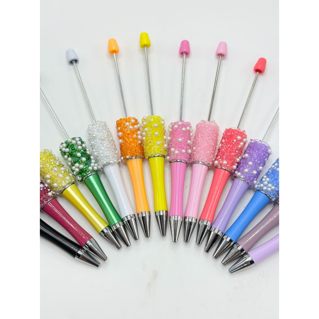 Diamond Shape Clear Rhinestones and White Pearls Beadable Pens in Solid Colors