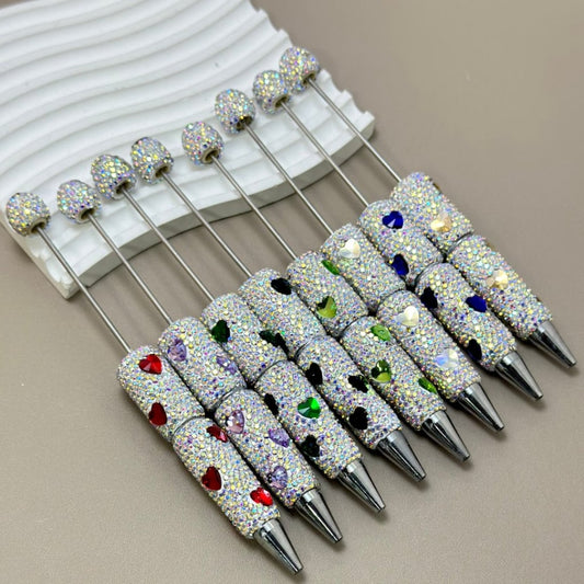 Beadable Clay Pens with Colorful Heart Rhinestones Mini AB Rhinestones Covered the Entire Pen