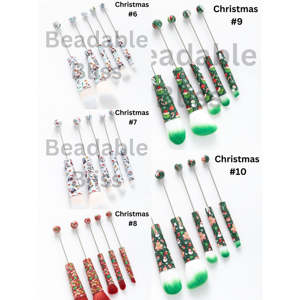 Metal Beadable Christmas Printed Makeup Brushes (1 Set = 5 pieces)