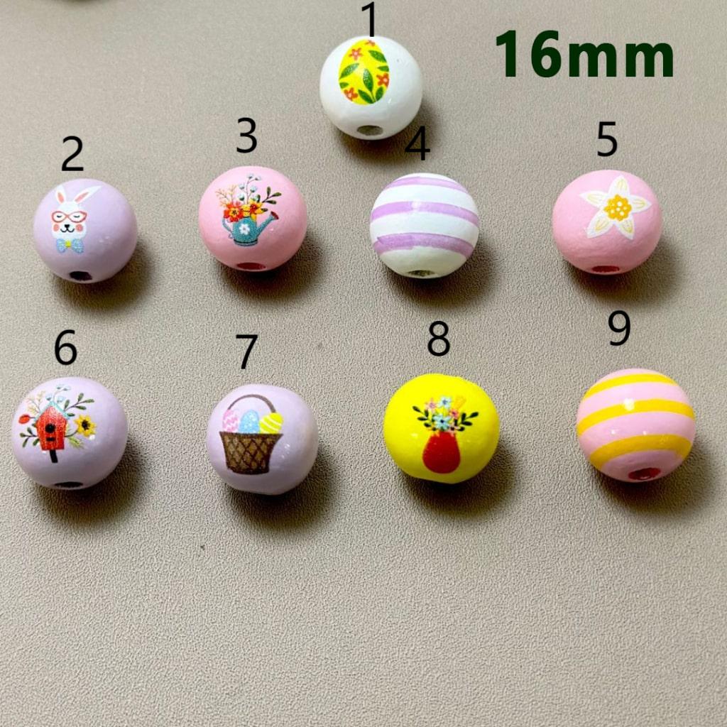 Easter Series Colorful Flowers Eggs Bunnies Rabbits Round Wooden Beads, 16MM, Please Read the Description