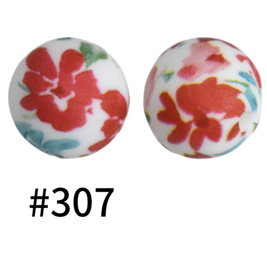 Colorful Floral Flower Water Painting Style Printed Silicone Beads Number 307