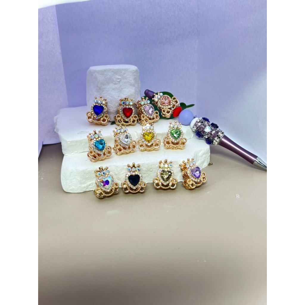 Bling Bling Gold Alloy Heart Crown with Mini AB Rhinestones Colorful Heart Rhinestones Beads, Around 26*22MM