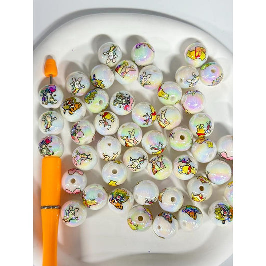 White UV Coating Acrylic Beads with Winnio Bear Pooh Cartoon, Random Mix, 16MM