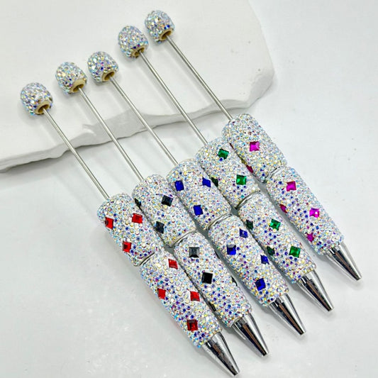 Beadable Clay Pens with Multi-Color Squares Mini AB Rhinestones Covered the Entire Pen