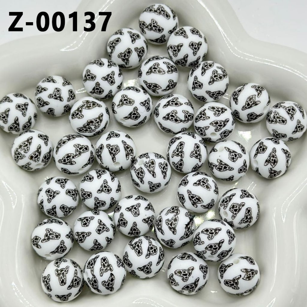 Black-White Cow Head White Round Printed Silicone Beads 15mm, Number Z-00137