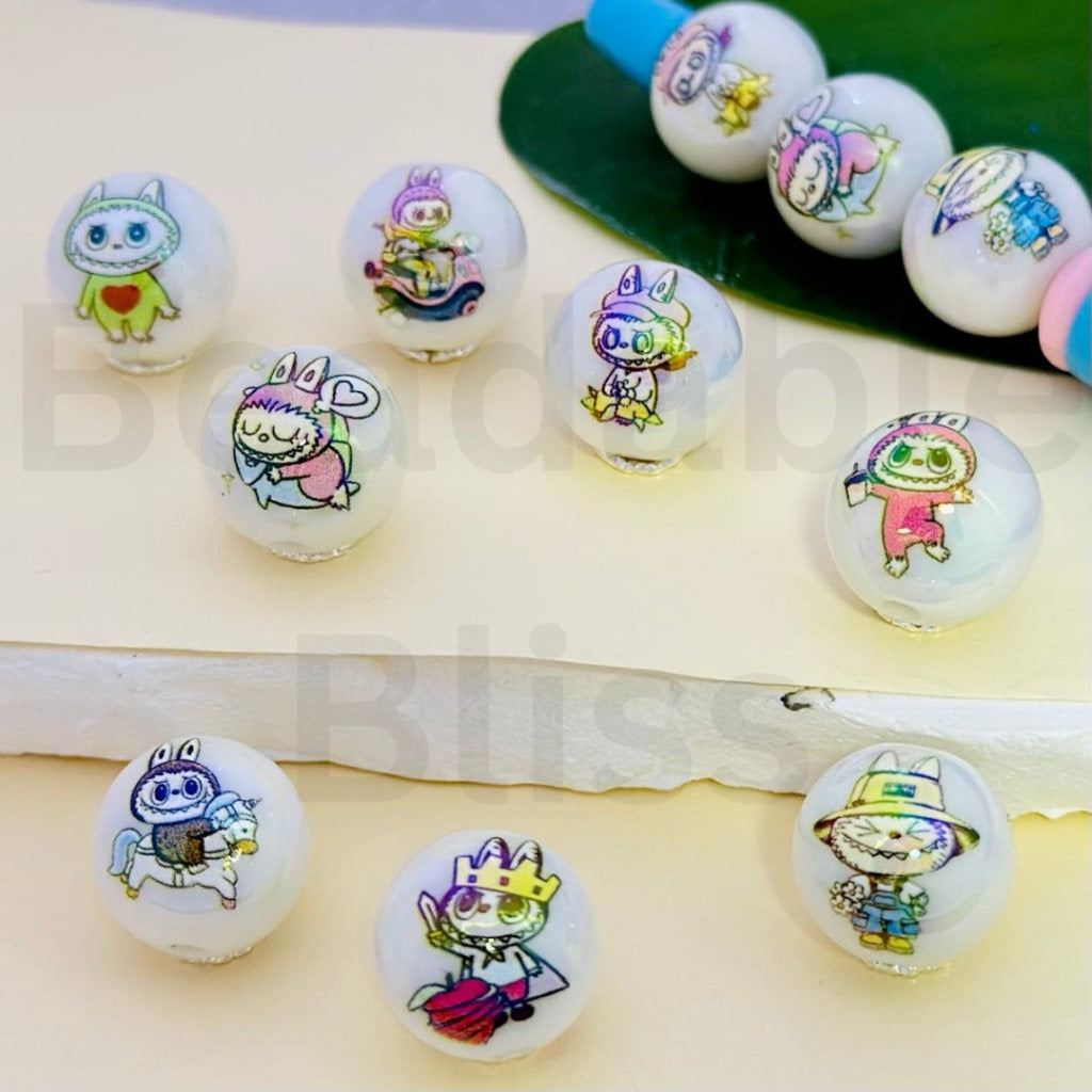 UV Finish Cute Labub Pop Mar White Round Acrylic Beads, 16MM, Random Mix