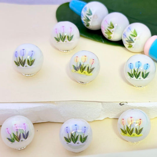 UV Finish Cute Colorful Tulip Flowers White Round Acrylic Beads, 16MM, Random Mix