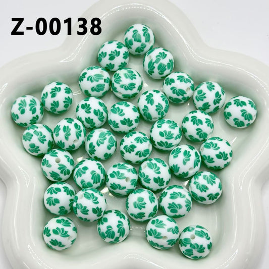 Green Tree Leaves White Round Printed Silicone Beads 15mm, Number Z-00138