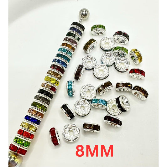 Flat Round Metal Spacers with Rhinestones, Random Mix Color, 8mm