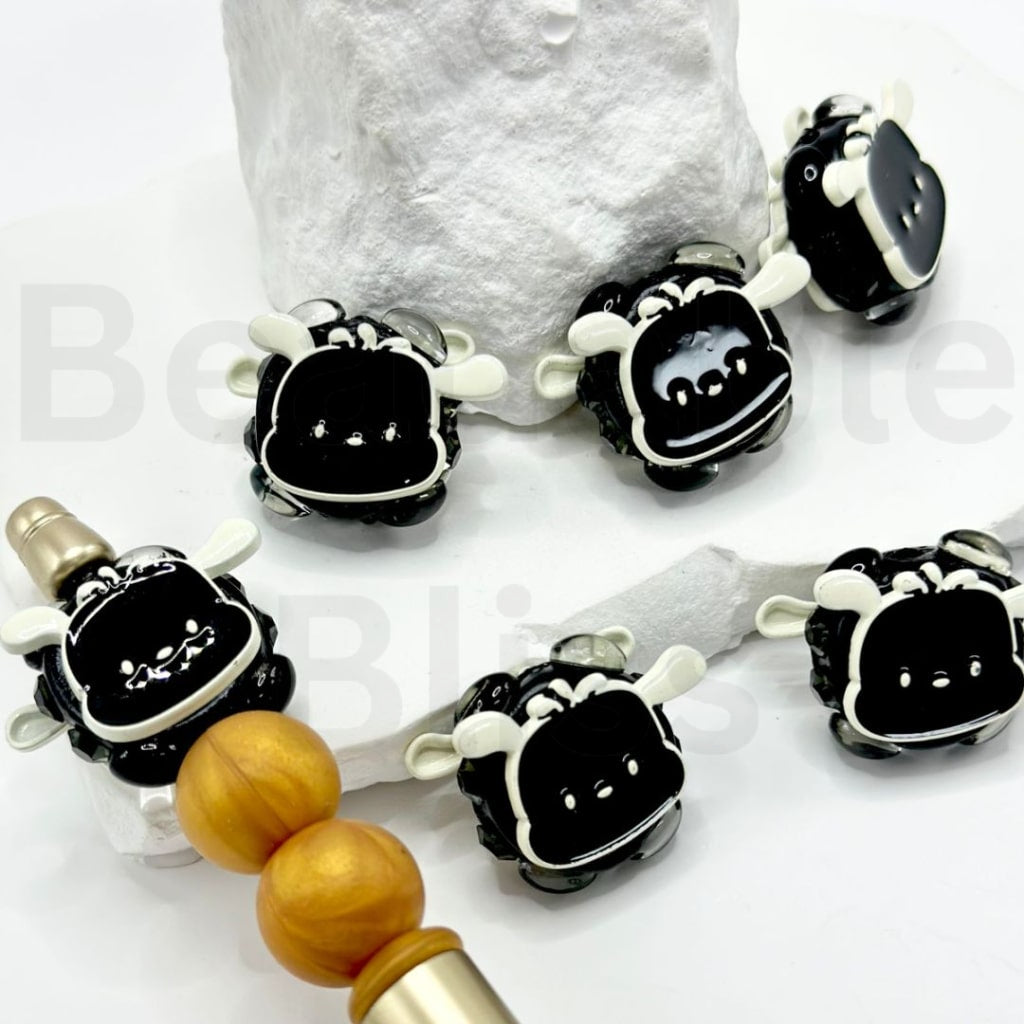 Delicate Black White Pink Alloy Pochacc Head Sanri with Shiny Rhinestones Oval Pearls Clay Beads, Around 26*20MM