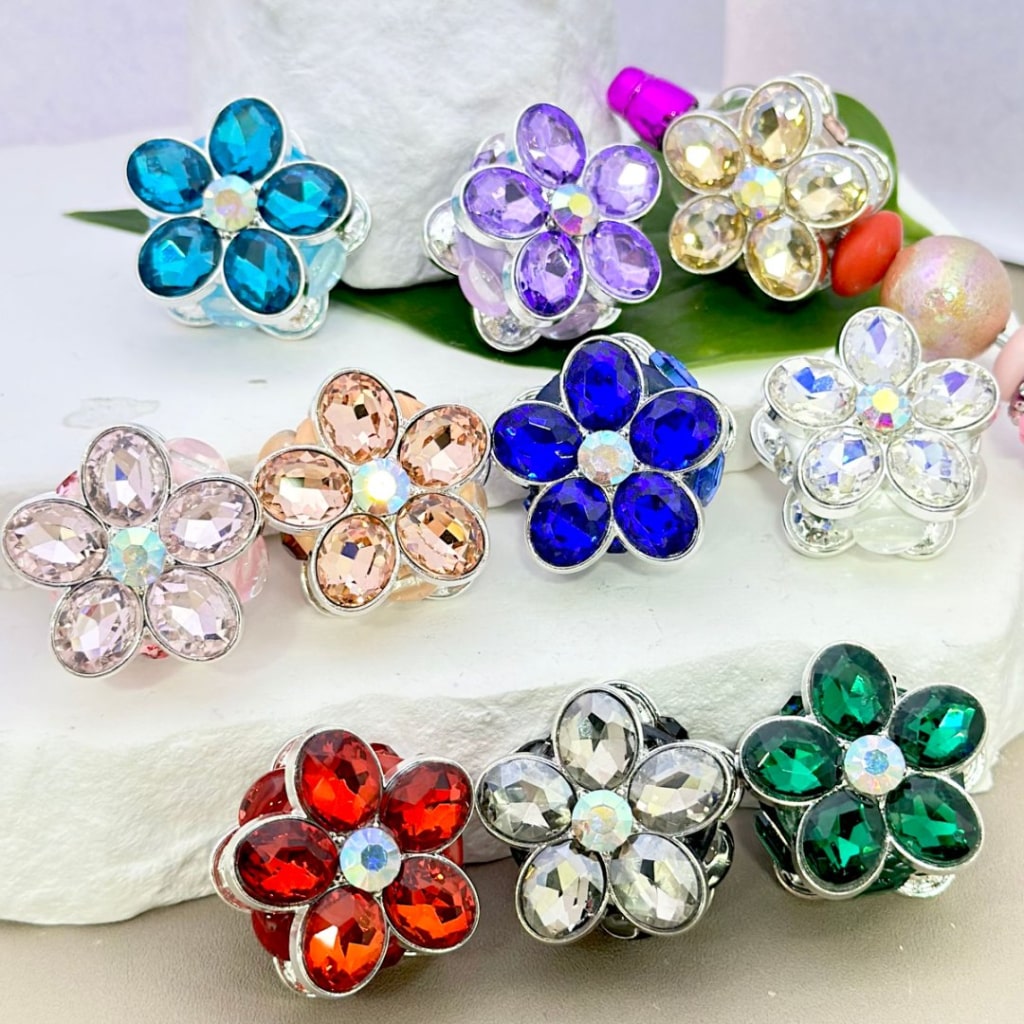 Delicate Fancy Silver Alloy Flowers with Colorful & AB Rhinestones Oval Pearls Clay Beads, Around 26MM