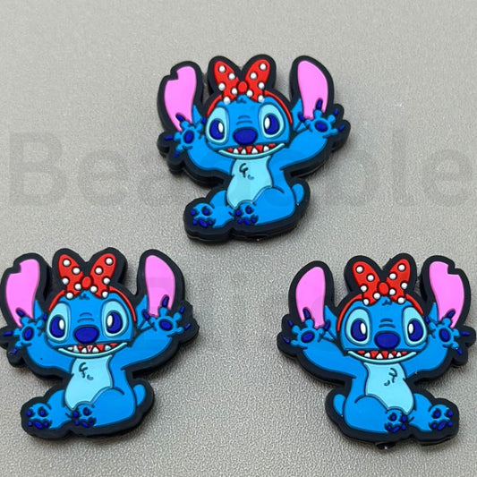 Cute Blue Stitc with Red Bowknot Silicone Focal Beads