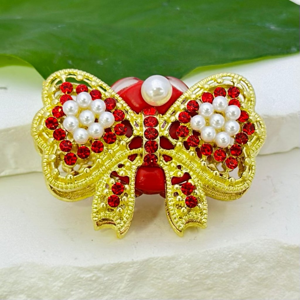 Bling Bling Fancy Gold Alloy Bowtie Bowknot with White Pearls Colorful Rhinestones Oval Pearls Clay Beads, Around 45*32MM