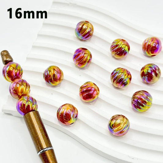 UV Finish Shiny Glossy Brown Pumpkin Stripes Acrylic Beads, 16MM