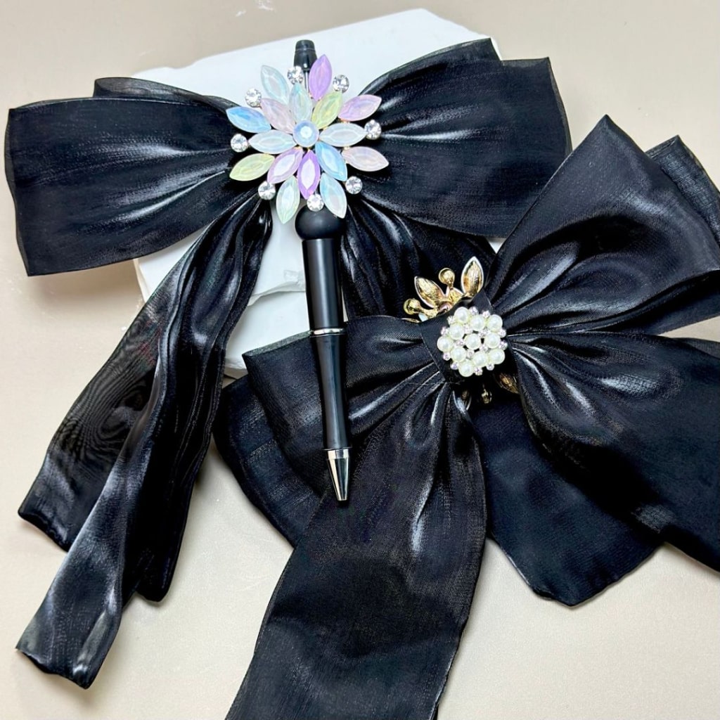 Large Black Glossy Fabric Bowknot with Gold Alloy Flower Colorful Shiny Rhinestones White Pearls Clay Beads