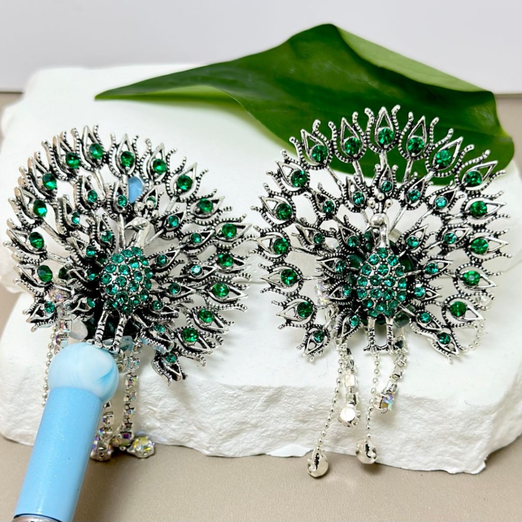 Delicate Fancy Silver Alloy Peacock in His Pride with Green Mini Rhinestones AB Rhinestones Chains White Pearl Heart Oval Pearls Clay Beads, Around 60*58MM