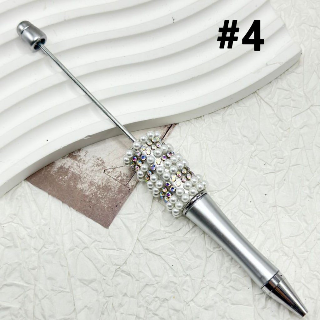 White Beadable Pen with AB Small Rhinestones White Pearl Chain