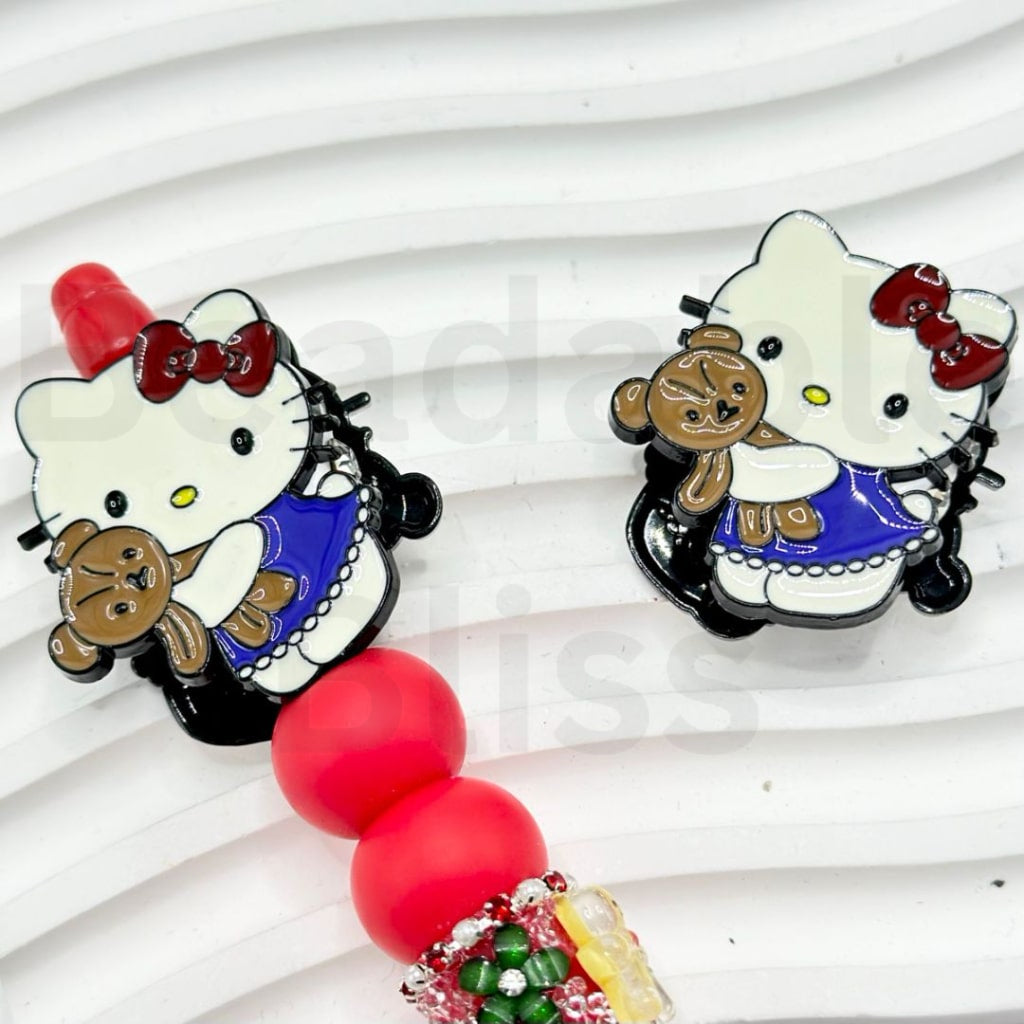 Exquisite Cute Alloy HK Kitten in Red Bowknot Holds a Toy Bear with Clear Rhinestones Oval Pearls Clay Beads, Around 36*30MM