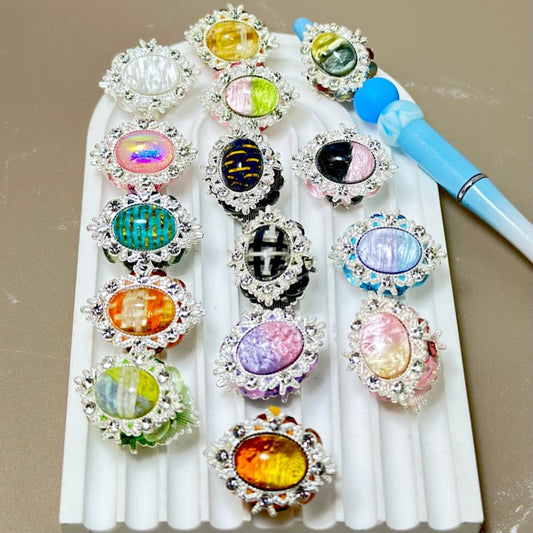 Bling Bling Fancy Silver Alloy Flower with Shiny Rhinestones Large Oval Pearls Colorful Clay Beads, Random Mix, Around 33*25MM