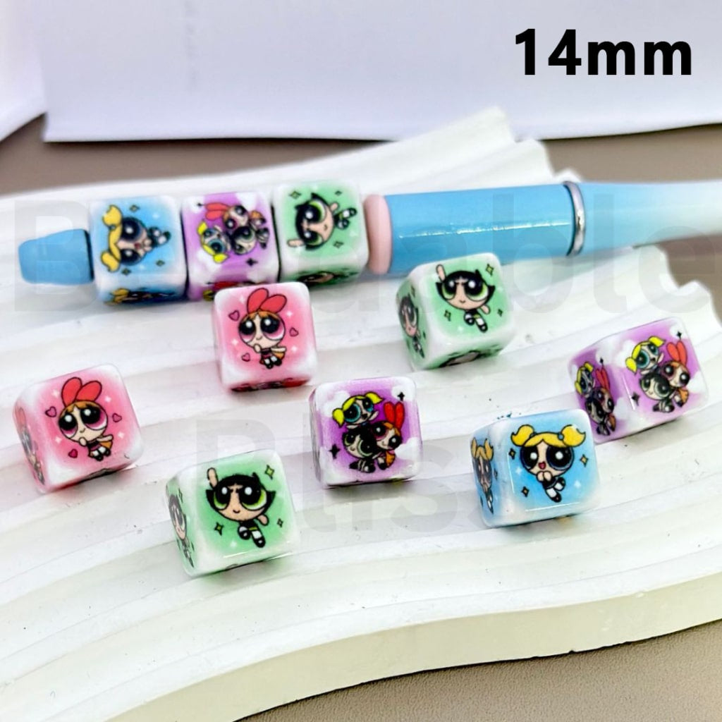 Cute Power Puf Girls Cartoon Cube Square Acrylic Beads, 14MM, Please Read the Description