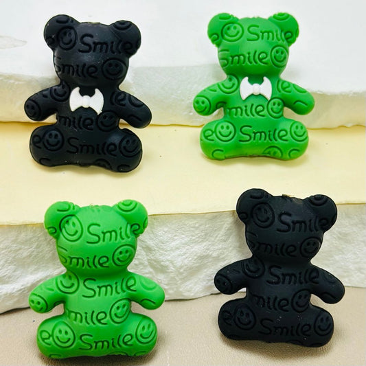 3D Green Black Cute Smile Face Bear with a White Bowknot Silicone Focal Beads, Random Mix