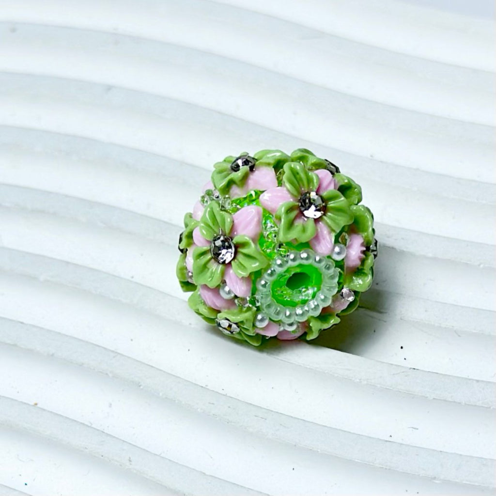 Multi-Color Cute Flowers Clear Rhinestone Inside White Pearls Ring Clear Sugars Round Clay Beads, 20MM