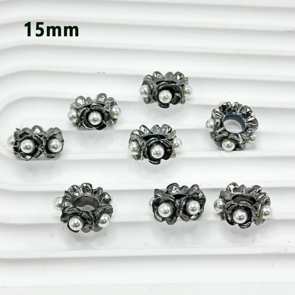 Exquisite Gold Silver Gun Black Metal Alloy Flower White Pearl Inside Spacer, 15MM