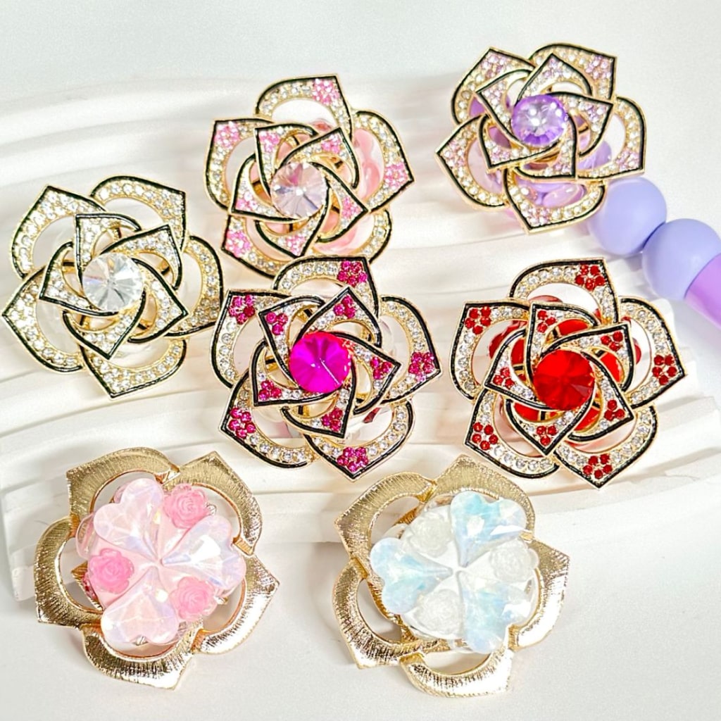 Delicate Gold Alloy Rose Flower with Rotatable Small Flower Large Round Rhinestone Inside Colorful Heart Rhinestones Clay Beads, Around 40MM